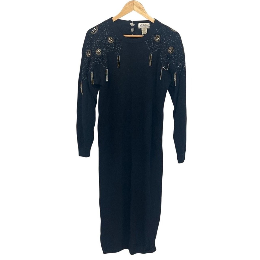 Vintage Destinee Black Lambswool Angora Beaded Fringe Midi Knit Dress Womens L